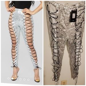 Silver sequin lace up pants